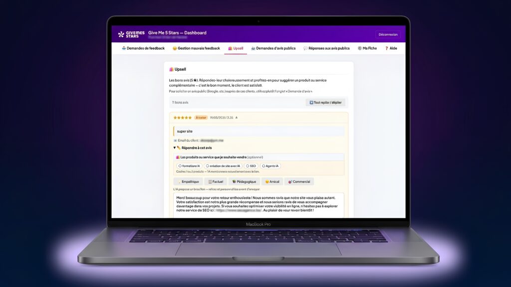 Dashboard Give Me 5 Stars – fonctionnalité Upsell : réponse automatique aux avis 5 étoiles générée par IA avec suggestion de produits complémentaires