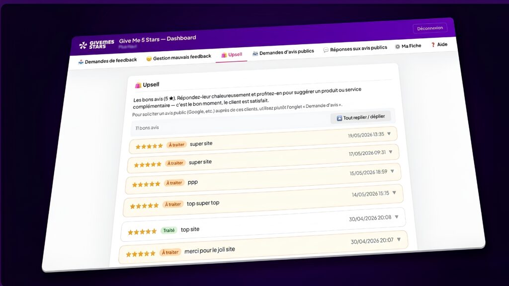 Interface Give Me 5 Stars affichant la liste des avis 5 étoiles clients avec statut "À traiter", dates et accès rapide à la réponse IA