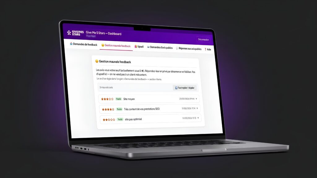 Dashboard Give Me 5 Stars – section Gestion mauvais feedback : avis négatifs interceptés et traités en privé par email pour protéger la réputation en ligne