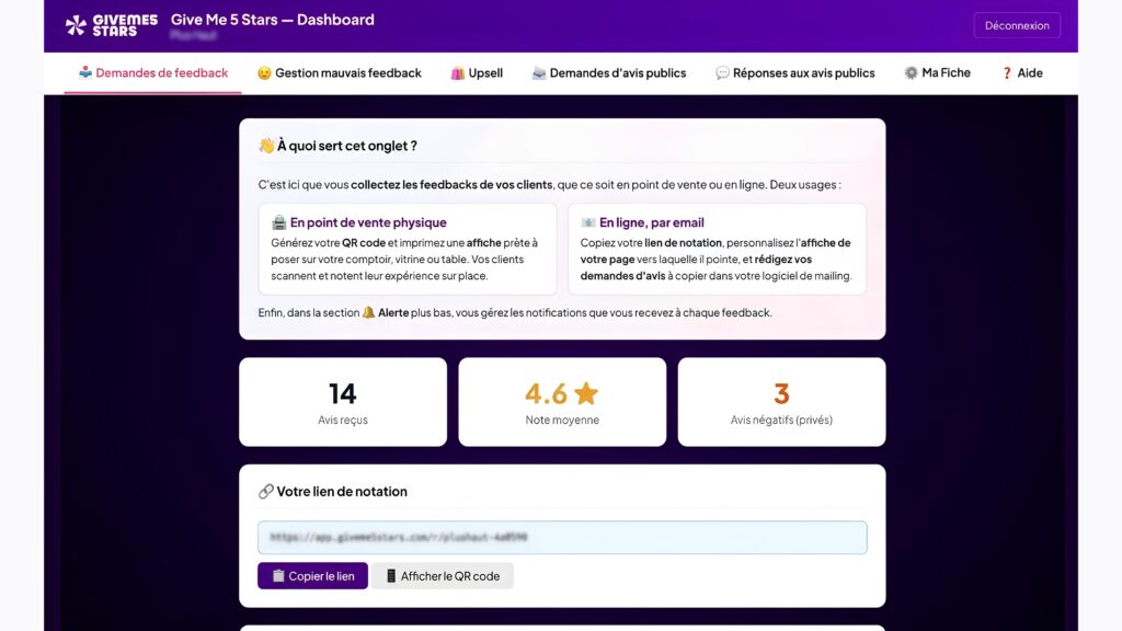 Tableau de bord Give Me 5 Stars avec KPIs : 14 avis reçus, note moyenne 4,6 étoiles, 3 avis négatifs privés, et lien de notation personnalisé pour collecter des avis en point de vente ou par email